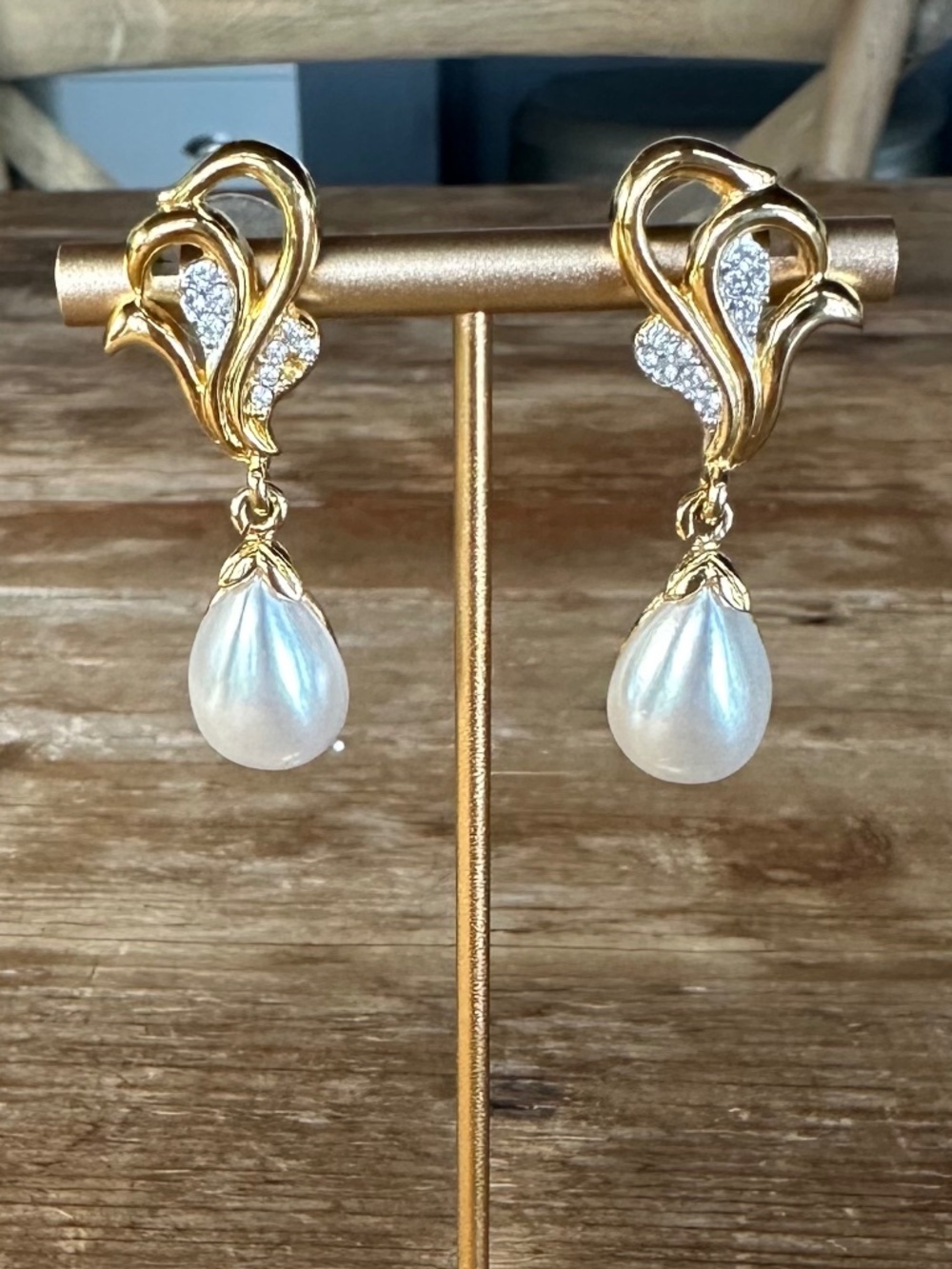 Vintage Gold Tone Faux Pearl Drop Earrings w/ Rhinestone Accents